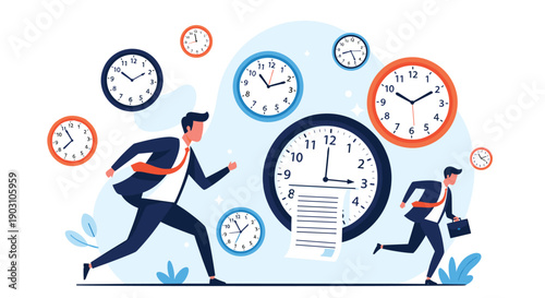 Two busy businessmen run frantically while surrounded by various clocks representing deadlines, time management, and the work environment.