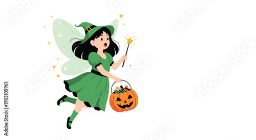 Magical fairy girl with wings and a green dress flies while holding a magic wand and a pumpkin basket filled with halloween treats.