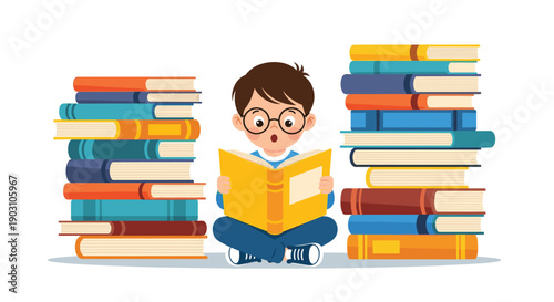 Intelligent young boy with glasses sits cross-legged reading a yellow book between two very tall stacks of diverse educational textbooks.