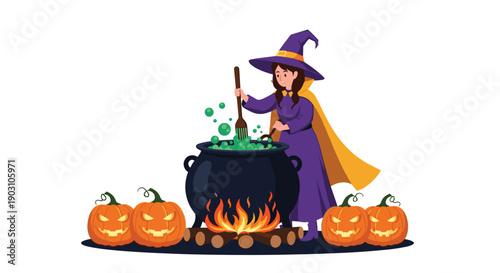 Mysterious witch with a purple hat and robe carefully stirs a bubbling green magical brew in a large black cauldron with pumpkins.
