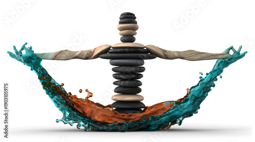 Creative meditation visualization featuring balancing stones surrounded by flowing water and human arms forming a peaceful yoga pose