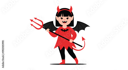 Little girl dressed in a cute red devil costume with horns, wings, and a tail holds a large pitchfork for a Halloween celebration.