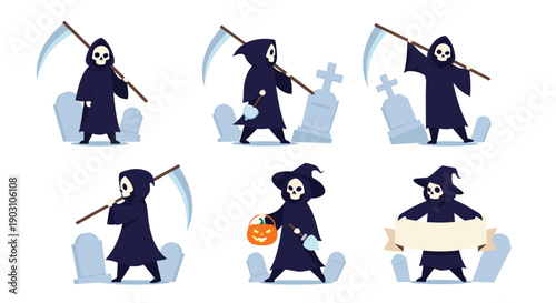 Collection of cartoon grim reaper characters in various poses with a scythe, graveyard, and halloween spooky elements.