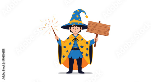 Young boy in a wizard costume with a blue star-patterned hat and cape holding a magic wand and a blank wooden sign.
