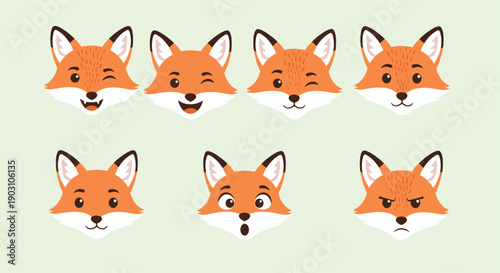 Collection of seven cute fox head emojis expressing various emotions such as happy, angry, surprised, and winking.