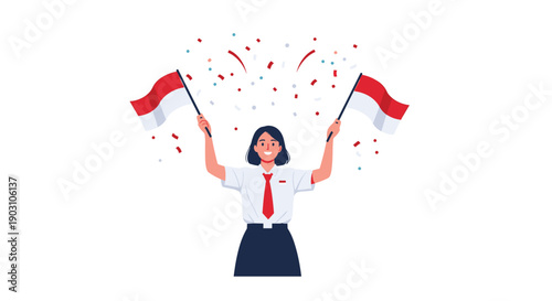 Happy indonesian girl in a junior high school uniform raising two national flags amidst festive confetti on white background.