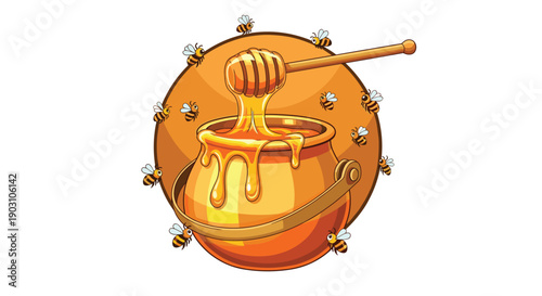 Golden honey pot overflowing with sweet nectar while several busy bees fly around a wooden dipper inside a warm circular frame.