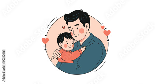 Tender moment between a father and his baby son sharing a hug inside a soft pink circle decorated with small red floating hearts.