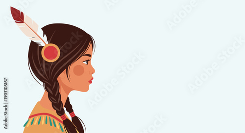Profile view illustration of a beautiful native american woman with braided dark hair and a single white feather accessory on her head.