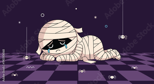 Sad little mummy character lying down on a purple checkered floor surrounded by hanging spiders in a gloomy Halloween atmosphere.