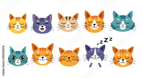 Set of ten colorful cartoon cat heads with various facial expressions and colors ranging from orange and purple to blue and tan.