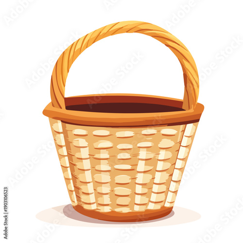 Empty wicker basket vector illustration. Traditional wooden picnic or Easter basket isolated on white background. Flat cartoon style icon.