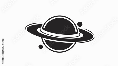 Black and white planet illustration with rings and orbiting objects