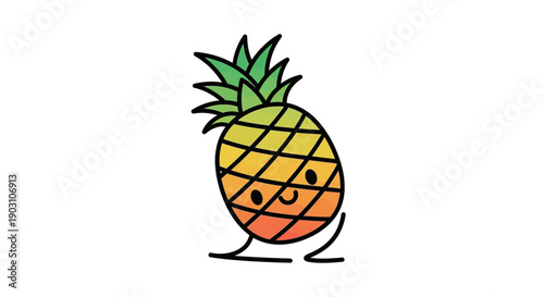 A charming vibrant pineapple character illustration with a happy face dancing on a plain white
