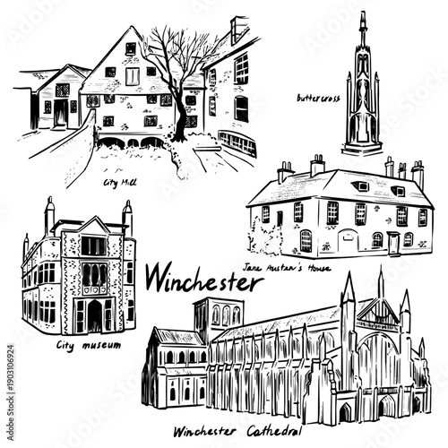 A detailed black-ink architectural sketch of Winchester landmarks, capturing Winchester Cathedral, City Mill, Buttercross, and Jane Austen’s House with expressive hand-drawn line art and historic char
