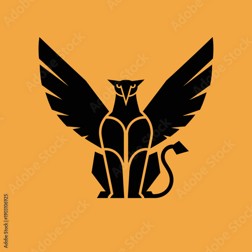 Stylized black griffin with wings spread on orange background