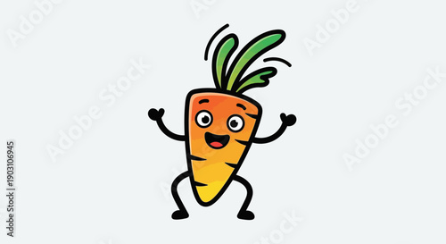 Cheerful animated carrot character illustration with vibrant green leaves and a happy smile