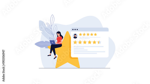 Young woman sitting on a large golden star works on a laptop next to her online professional rating profile and five star score.