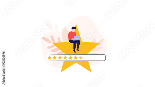 Freelancer sitting on a giant yellow star uses his laptop while a five star rating progress bar displays his high quality performance.