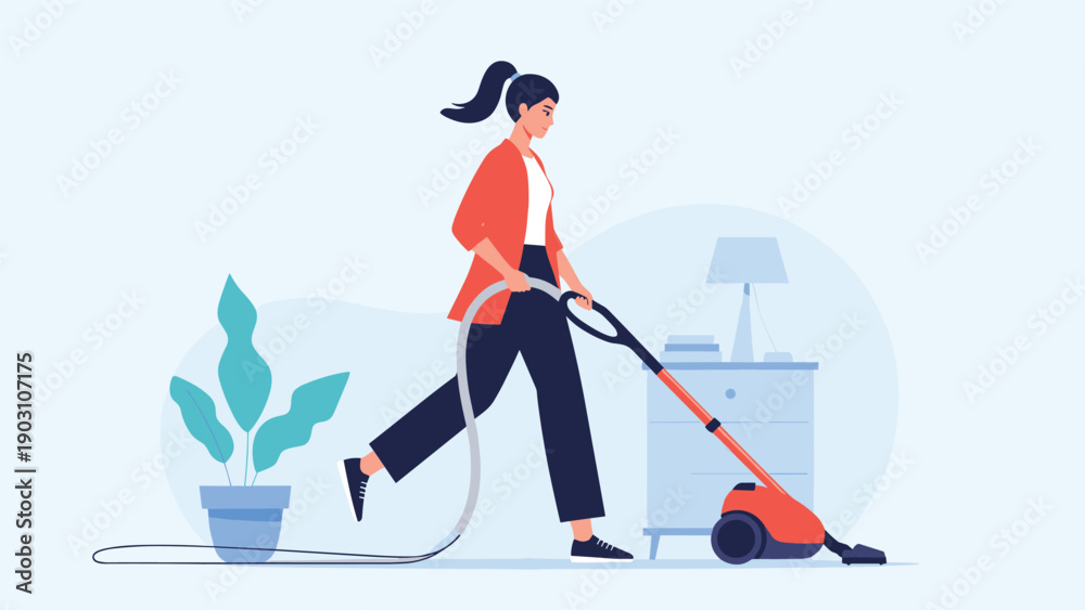 Obraz premium Young woman in casual clothing uses a vacuum cleaner to tidy up her living room near a potted plant and a small white nightstand.