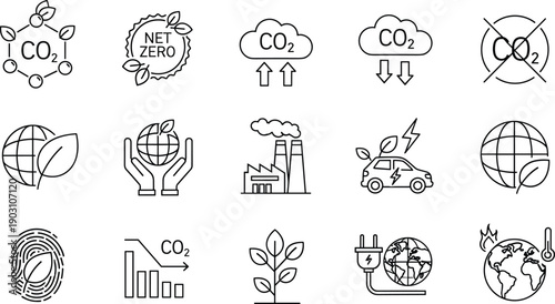 Linear icon set featuring carbon dioxide emissions, net zero, global warming, sustainable energy, electric vehicles, and eco friendly environment protection symbols.