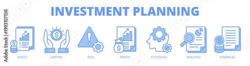 Investment planning web banner icon vector illustration concept for financial growth with icon of investment, capital, risk, profit, potential, analysis, and financial.
