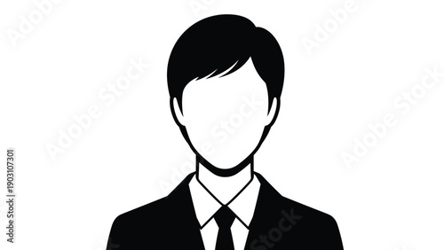 Minimalist black and white silhouette of a man in a professional suit and tie acting as a generic user avatar or profile picture.