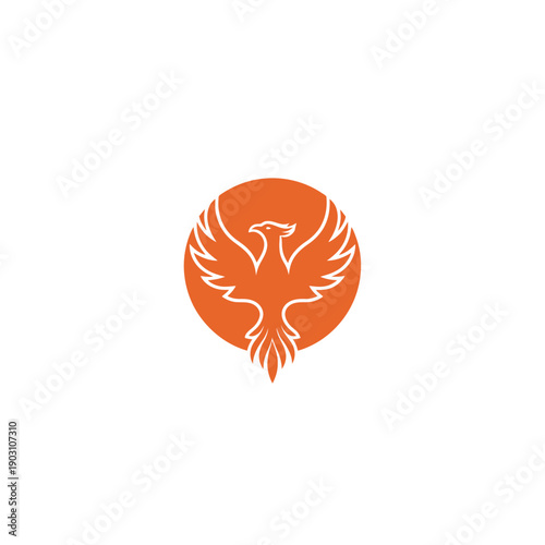 A stylized white phoenix with wings spread wide, set against an orange circular background