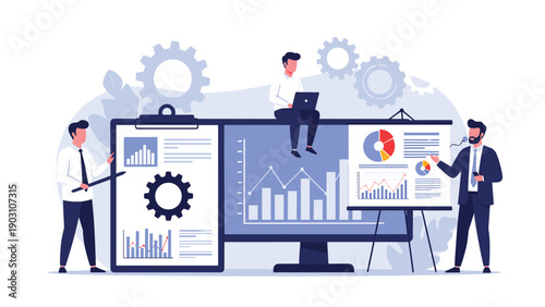 Team of business professionals presenting various growth charts and data analytics on a large computer monitor and display boards.