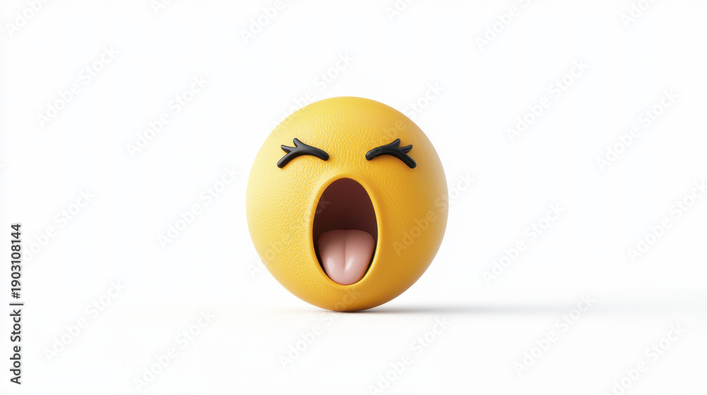 Fototapeta premium Cartoon face with sleepy yawn, expressing tiredness and relaxation, featuring yellow round shape and closed eyes