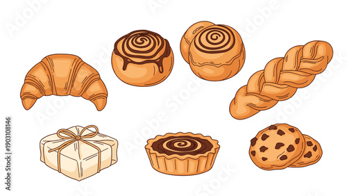 Delicious collection of hand drawn pastries includes croissants cinnamon rolls cookies a tart and a wrapped gift box on a white background.