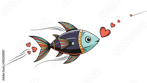 Creative illustration of a stylized fish with colorful patterns and mechanical details blowing heart bubbles while swimming through space.