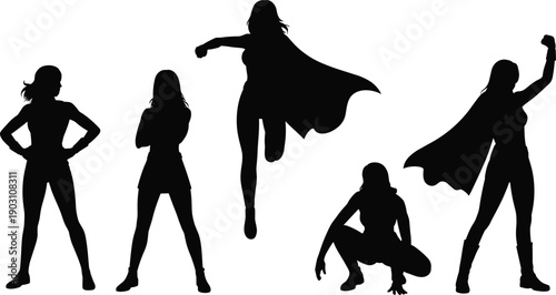 Action superhero woman silhouette set powerful female poses isolated on white background black vector illustration for strength empowerment branding design