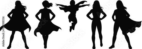 Superhero female silhouette set confident powerful women poses isolated on white background black vector illustration for empowerment strength branding design