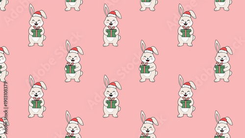 Sweet seamless holiday pattern showcases cute white bunnies wearing Santa hats and holding green gift boxes on a pink background.