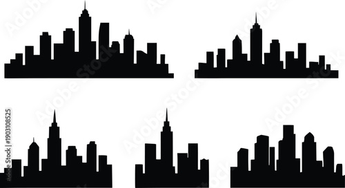 Four stylized silhouettes of city skylines with varying building heights and shapes