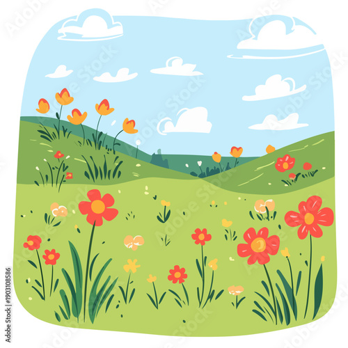A peaceful spring landscape vector illustration featuring rolling green hills, blooming red and orange flowers, and white clouds in a blue sky.