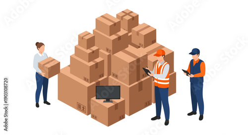 Three logistics workers manage a large pile of cardboard boxes, with a woman carrying a package and two men tracking inventory using a clipboard and tablet in a detailed isometric illustration