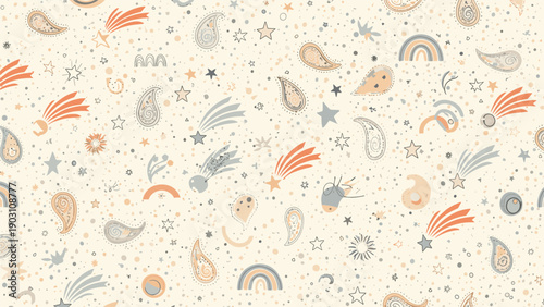 Artistic seamless pattern features a variety of hand drawn space elements like stars comets and abstract paisley shapes in warm tones.