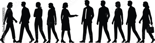 Silhouettes of diverse individuals walking together in a uniform direction.