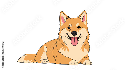 Friendly corgi dog illustration showing the happy pet lying down with its tongue out in a simple cartoon style on a white background.