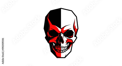 A stylized illustration of a skull with contrasting black and white halves, adorned with vibrant red accents, viewed directly from the front.