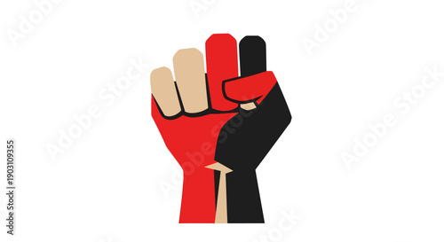 Diverse hands raised together in a symbol of unity and solidarity, forming a powerful fist against a clean backdrop