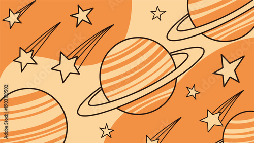 Space themed pattern featuring planets with rings shooting stars and various celestial bodies in a warm orange and yellow color palette.