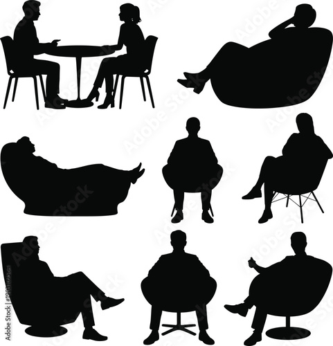 Psychotherapy session silhouettes showing therapist and clients seated in chairs, counseling consultation concepts, mental health treatment, therapy discussion, isolated black figures design elements