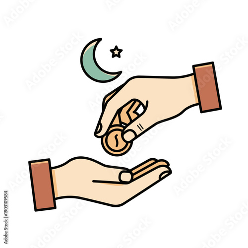 Hand giving coins to another hand with a crescent moon and star, symbolizing Islamic charity or Zakat.