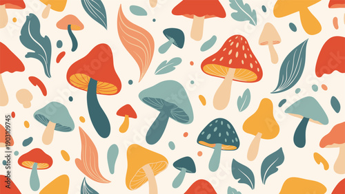 Vibrant seamless pattern filled with diverse mushrooms in red, yellow, and blue hues, mixed with stylized autumn leaves.