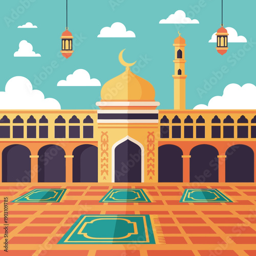 Flat vector illustration of a mosque with a golden dome, minaret, arches, and prayer mats under a blue sky with clouds.