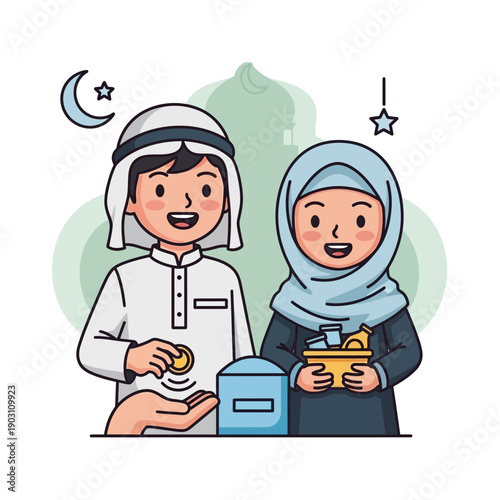 Cartoon illustration of Muslim children giving charity, with a boy donating a coin and a girl holding a box of goods, set against an Islamic background.