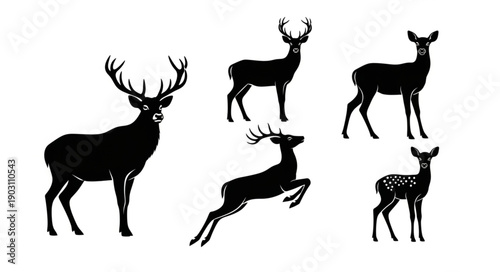 Collection of Deer Silhouettes in Various Poses.